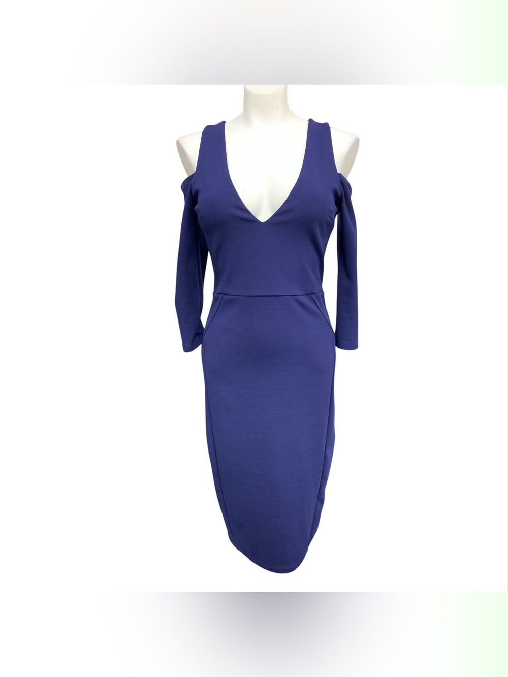 Another Story Cold-Shoulder V-Neck Midi Dress in Deep Blue Size M
